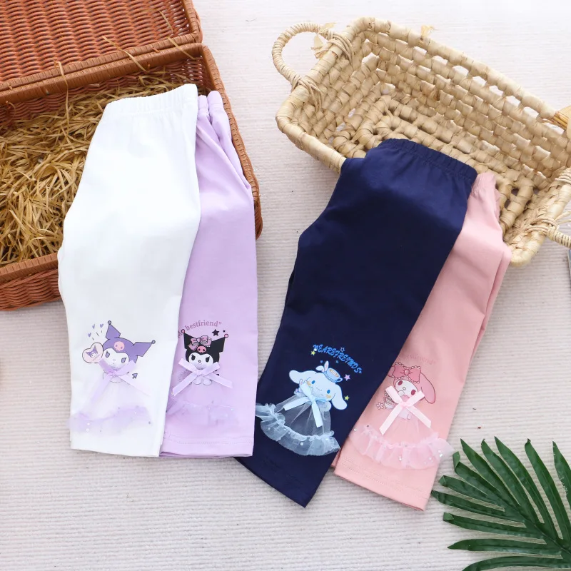 Cartoon Sanrio Kids Leggings Hello Kittys Cinnamoroll Mymelody Kuromi Kawaii Anime Capris Summer Elastic Pants Cool Refreshing