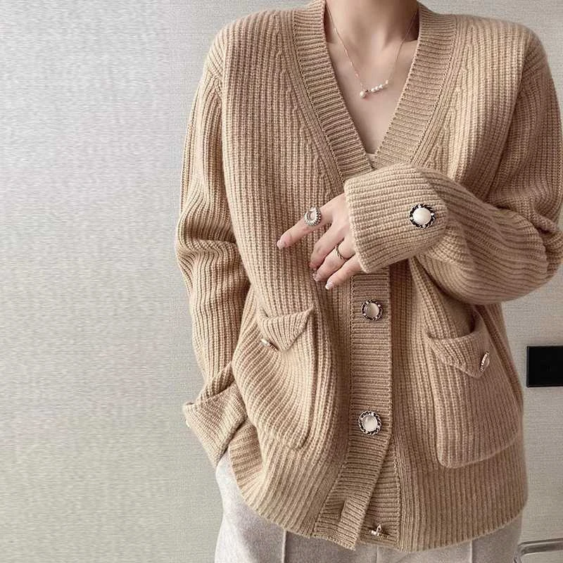 V-neck Loose Spring Fall Knitted Cardigan Casual Long Sleeve Knitwears Jacket Korean Fashion Sweater Women Vintage Tops New