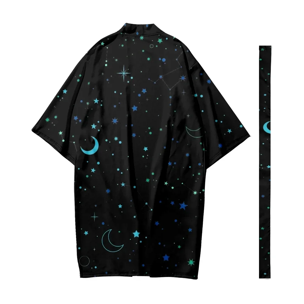 Kimono Long Japonais pour Homme et Femme, Cardigan, Costume de Samouraï, Motif Lune, Étoile, Espace, Chemise, Veste d'Entrée