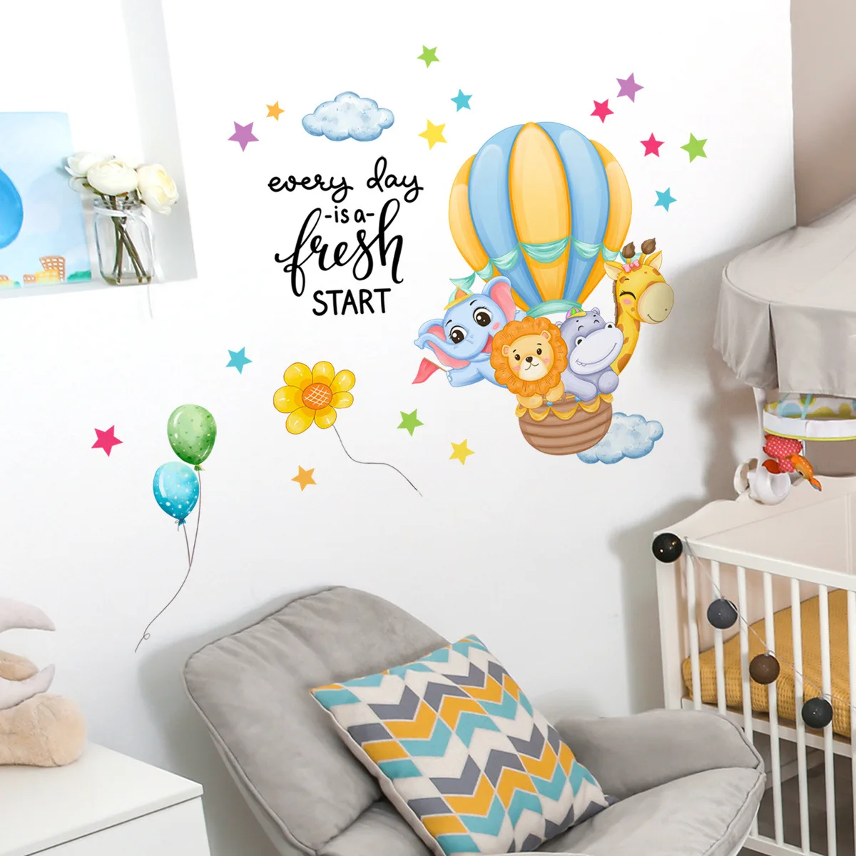 30*90cm Hot Air Balloon Animal Clouds Stars Wall Stickers Background Wall Living Room Decorative Wall Stickers Wallpaper Ms445