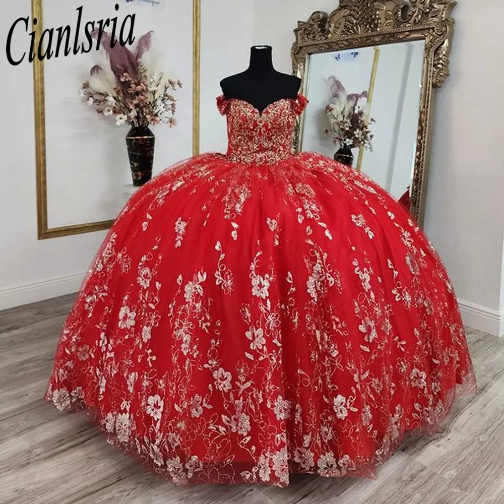 Red Quinceanera Dress With Cape Off Shoulder Golden Appliques Corset Ball Gown Prom Dress Vestidos De 15 Años