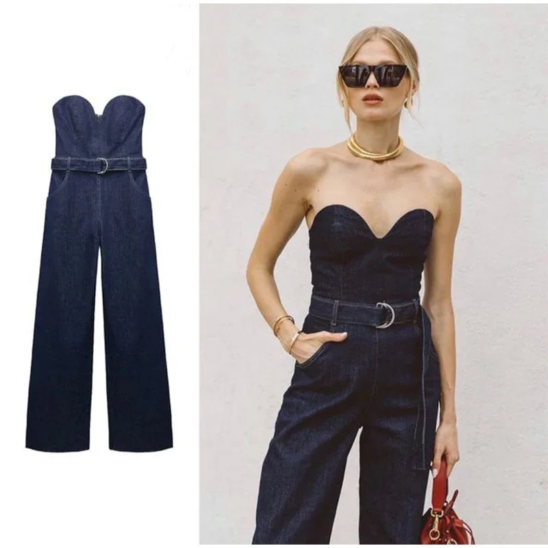 Women Off Shoulder Denim Jumpsuit With Belt Sleeveless Backless Zipper Straight Long Jumpsuits Summer Fashion Romper Streetwear