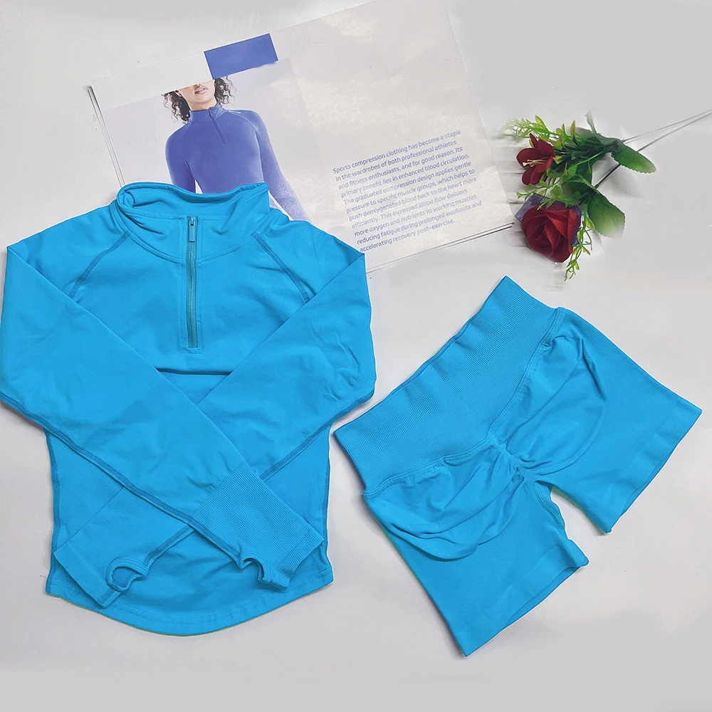 2026 2pcs Long Sleeve Yoga Set Women Half Zippy Jacket Longline Sports Top Gym Shorts Fitness Suits Running Coats Workout Set
