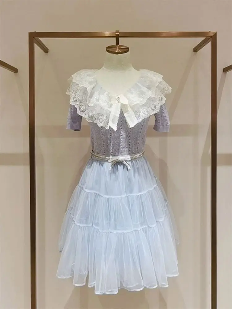 

2 Piece Sets Womens Outfits Summer New High-end Designed Temperature Sweet Style Lotus Leaf Collar Blue Knitted Top + Mesh Skirt