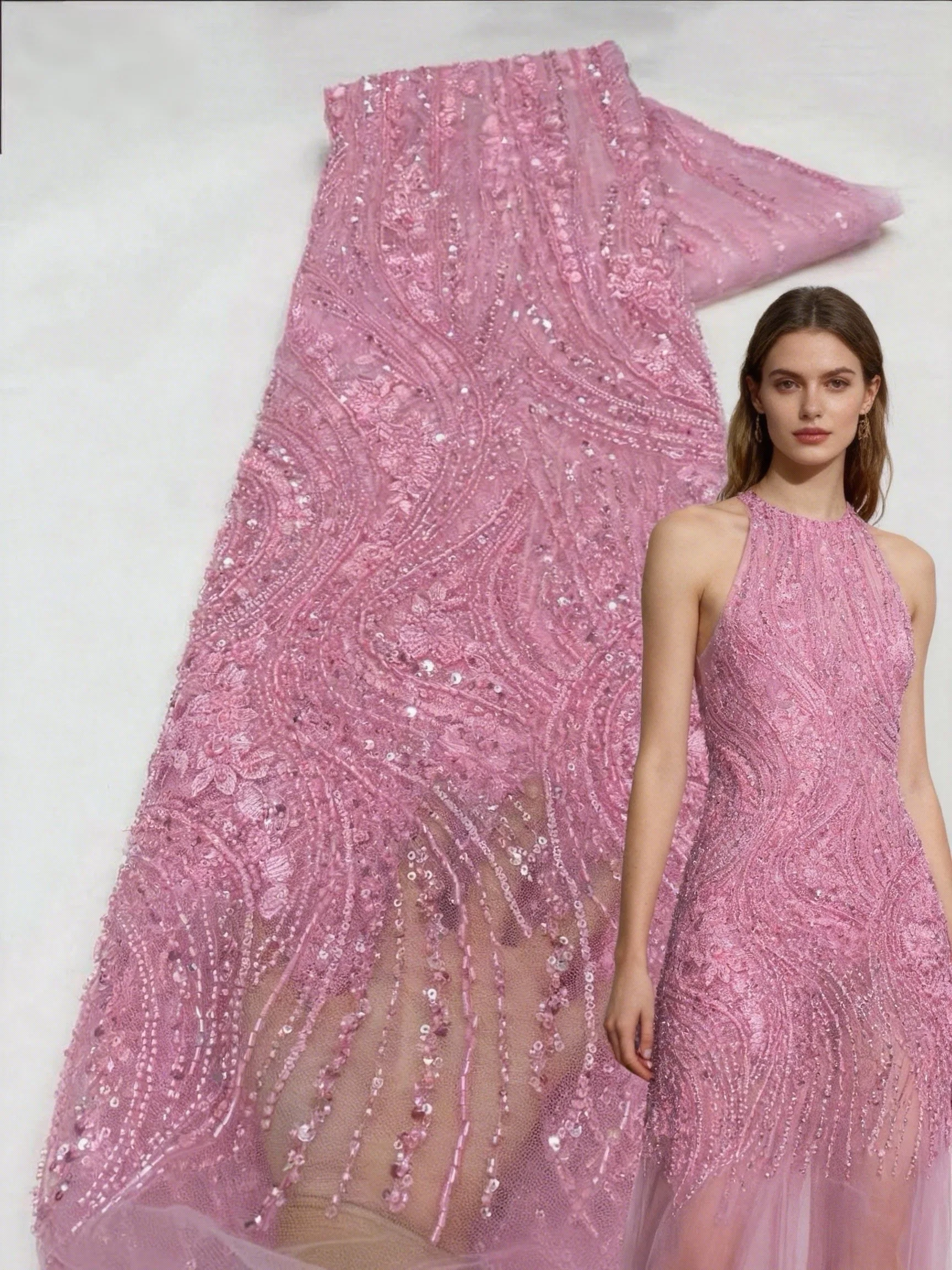 أحدث قماش دانتيل شبكي مطرز بالخرز لون وردي 2026 قماش دانتيل تول فرنسي نيجيري ترتر مطرز فساتين شبكية للنساء #1