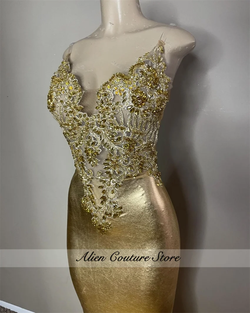 Customized Gold Diamonds Mermaid Prom Dress For Black Girls Rhinestone Beaded Formal Party Gala Evening Gown Robes De Soiree