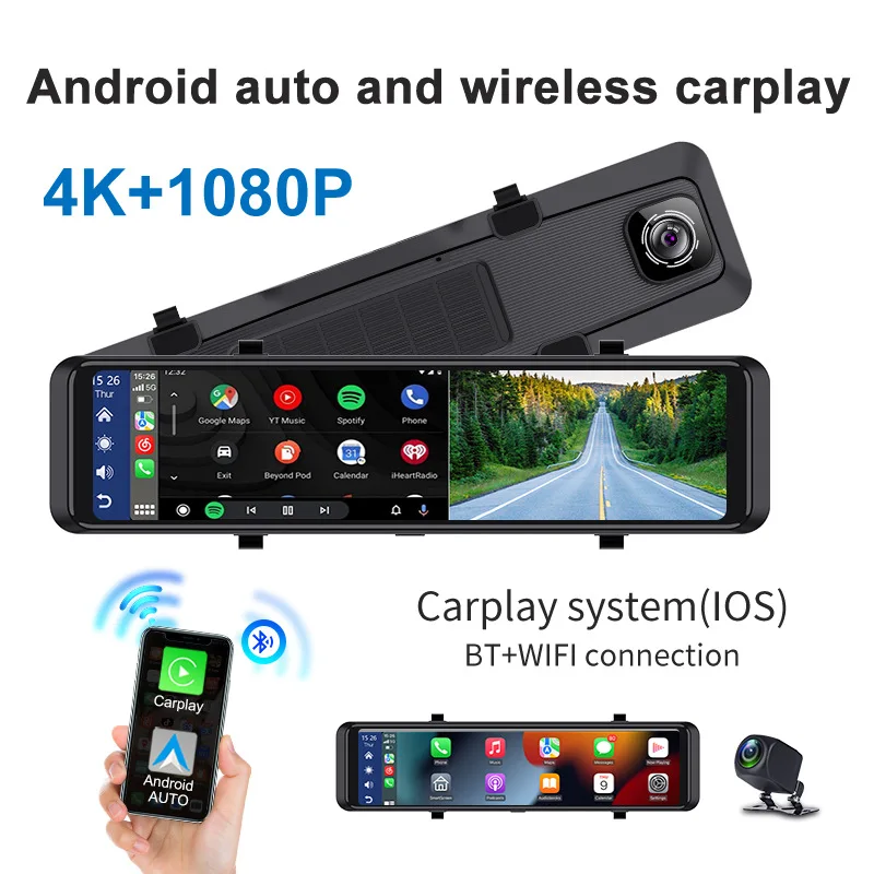 Carplay/Android AUTO dashcam WIFI Bluetooth voice controlled streaming media rearview mirror 4K dual recording