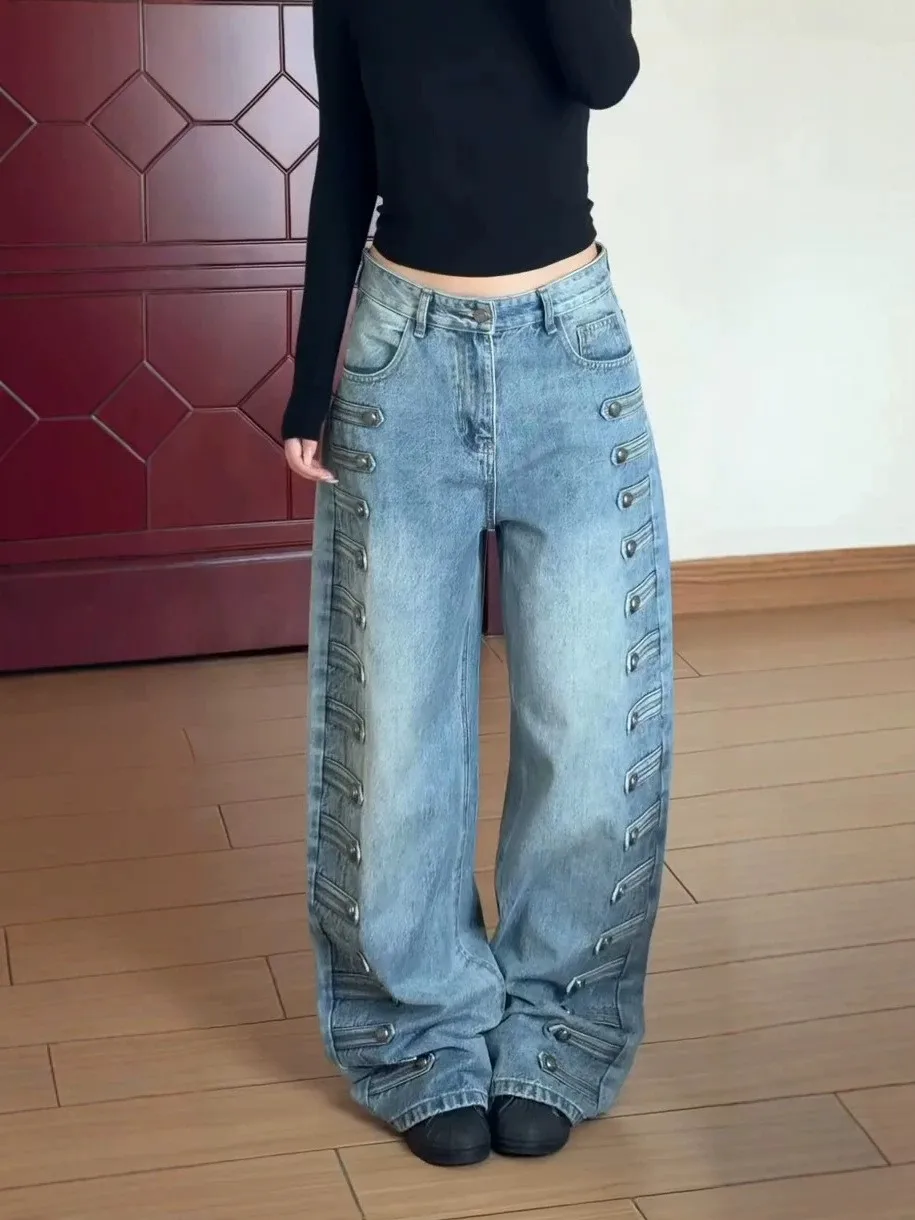 plus Size American Court Style Button Design Denim Pants Women Loose Versatile Wide Leg Slim Straight Casual Long Trousers