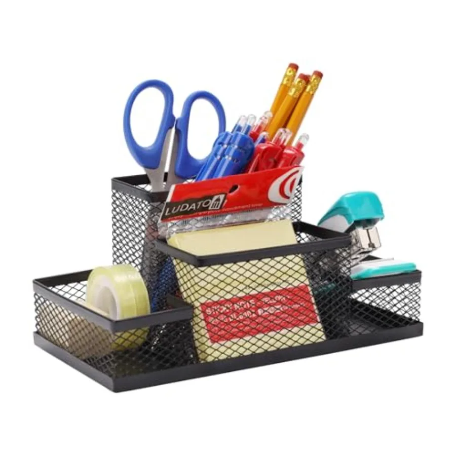 Desk Organizers Pen Holder for Desk, 4 Compartments Black Mesh Pen Holder Storage for Office Desk Accessories
