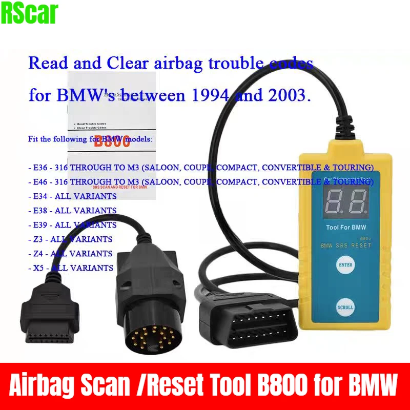 

Инструмент сброса подушки безопасности B800 для BMW 1994 и 2003 B800 Автомобильный сканер E36 E46 E34 E38 E39 Z3 Z4 X5 Чтение прозрачных кодов репошки безопасности
