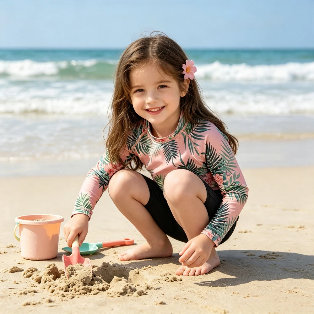 Girls Long Sleeve Rash Guard Swimsuit UPF50+ UV Protection Kids Surfing Swimwear Top Tropical Floral Beach Bathing Suit