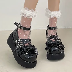 Y2K Metal Chains Punk Gothic Shoes Women Black Patent Leather Buckle Strap Wedges Pumps Woman Thick Platform Rivet Lolita Shoes