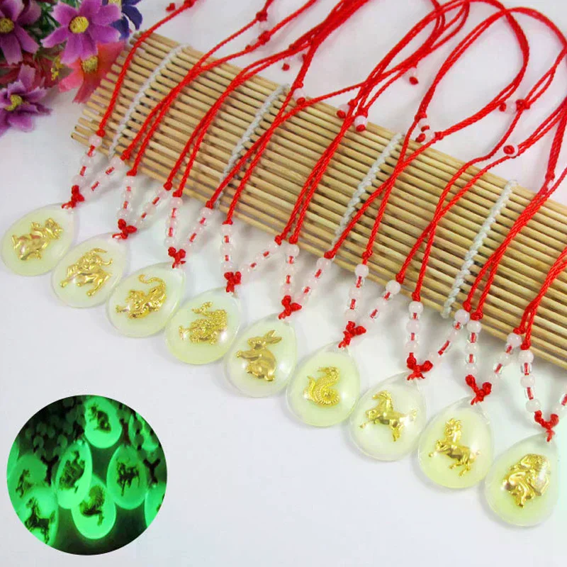 Chinese Zodiac Red Rop Pendant Necklace Luminous Beads For Women Men Constellation Animal Crystal Choker Lucky Birthday Jewelry