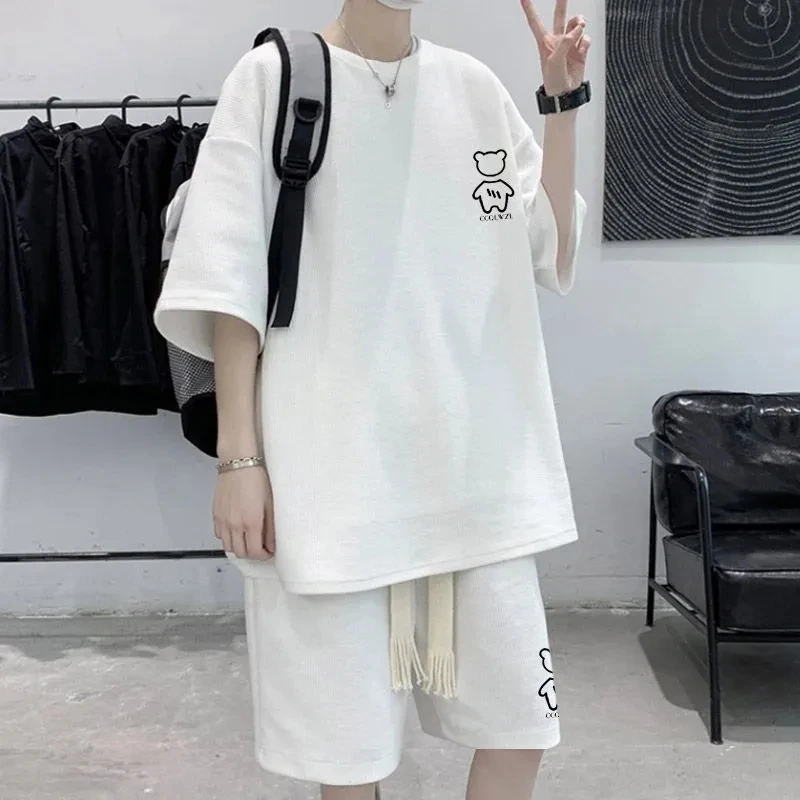 New Summer Waffle Men\'s Set Korean Fashion Short Sleeve Top Shorts 2-Piece Set Sportswear Trendy Tracksuit Jogging Suit Outfits