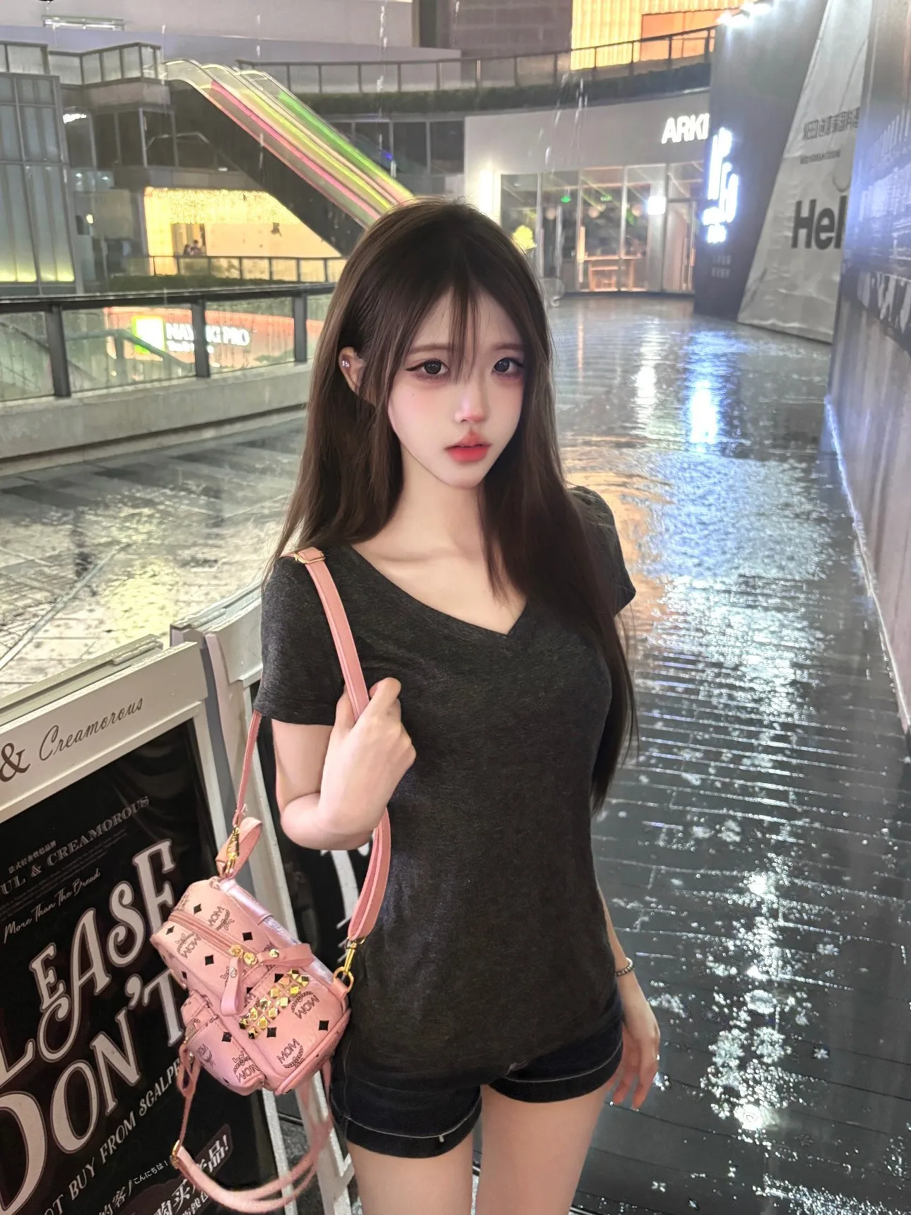 Retro American Hot Girl V-neck Star Spangled Flag Print Short Sleeve T-shirt Women's Summer Slimming Dark Grey Shoulder Level...