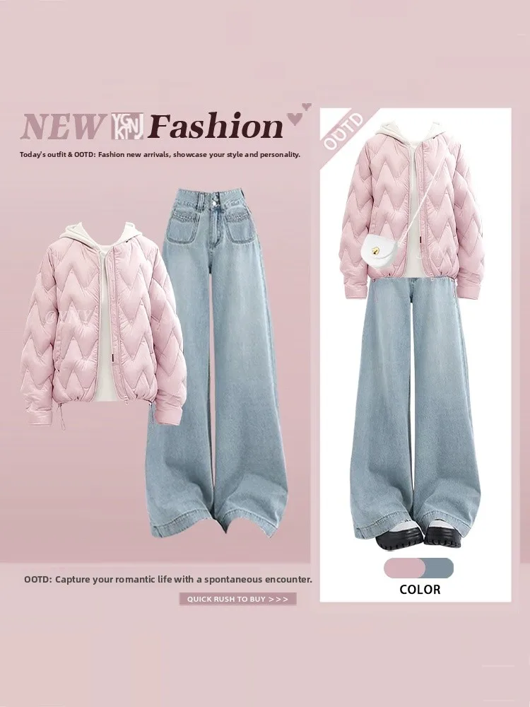 

Korean Style Cotton Jacket And Wide Leg Jeans Women's Autumn Winter Fashion Set High Waist Long Pants Pure Color Three Piece Set
