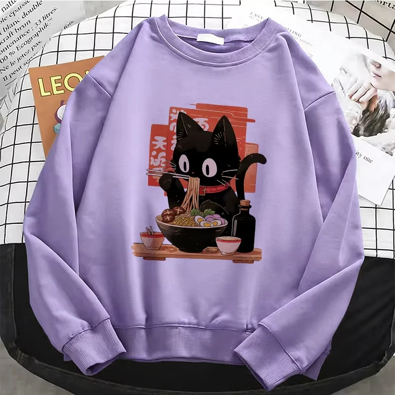 Funny Black Lamian Noodles Cat Japanese Anime Style Printed Long Sleeve Sweater Soft Round Neck Pullover Casual Dress view 4