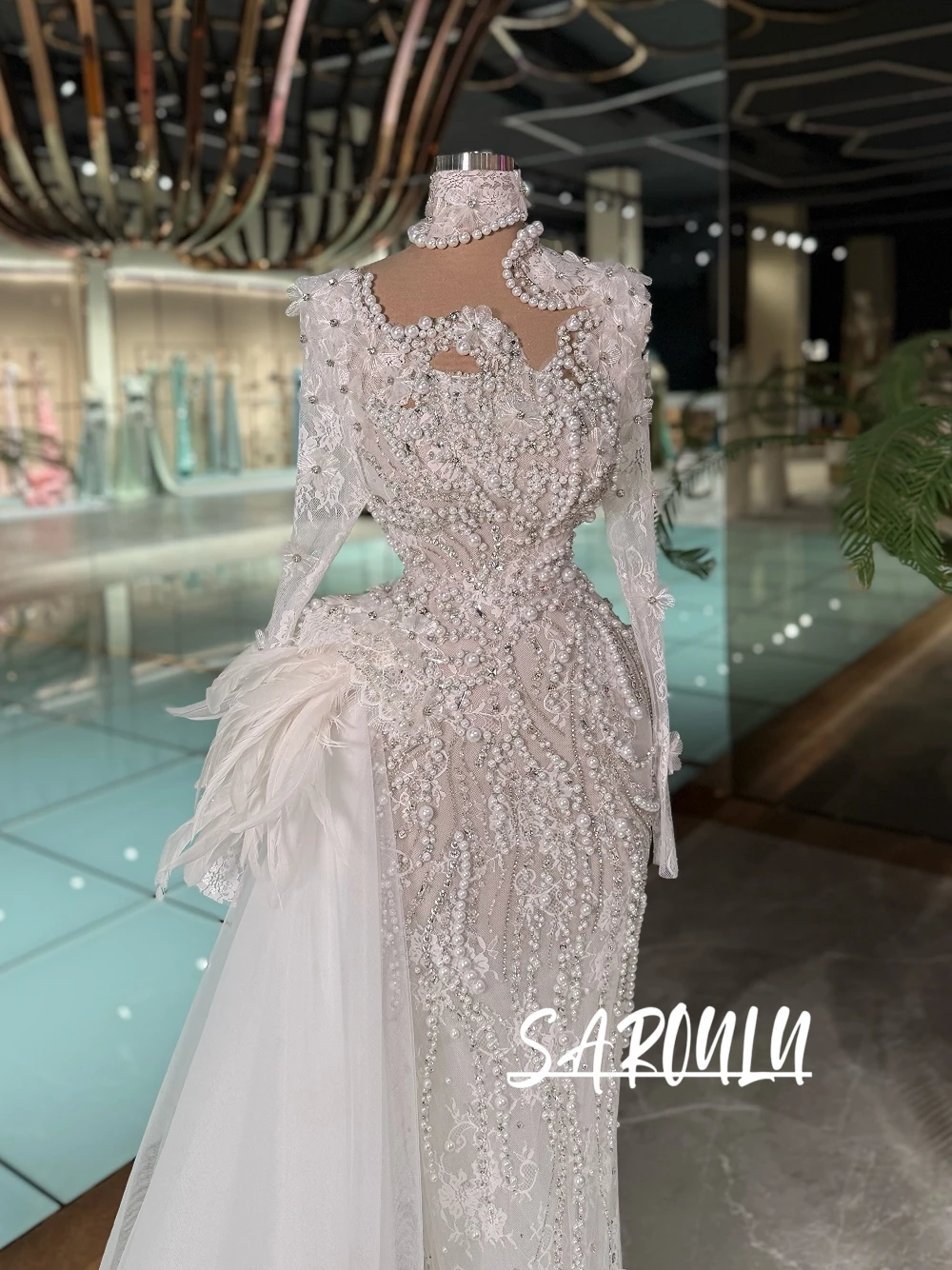 Gorgeous Pearls Feathers Sequins Wedding Dress With Side Tail Delicate Floral Illusion Long Sleeves Customized Bridal Gown