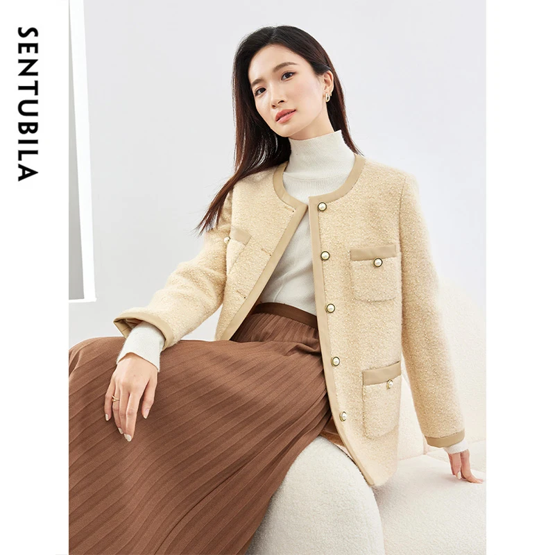 SENTUVILA Patchwork Woolen Coat Women 2024 Winter Straight Pearl Button Coat Jacket O Neck Cropped Warm Outwear 134W52539