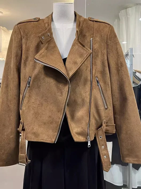 

Chic Retro Motorcycle Style Suede Short Jacket Women's Design Versatile Collar Jacket American Style Loose Fit Long Sleeve