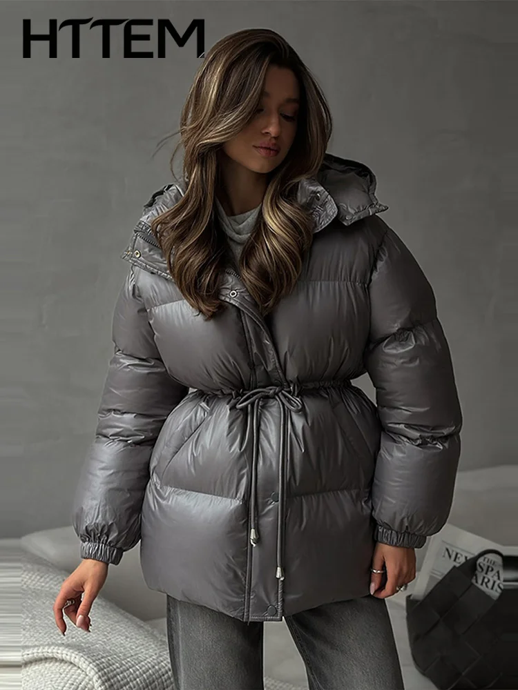 Women's Hooded Winter Jacket Warm Drawstring Waist Cinched Long Sleeve Zip Up Lady Padded Coat 2026 Fashion Lady Thick Parkas