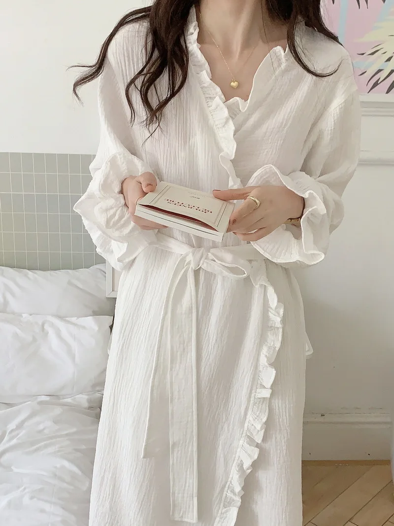 Cotton Bathrobe Women Ruffles Long Sleeve Korean Sweet Kimono Robe Elegant Spa Lady Spring Autumn Home Dressing Gown Pajamas