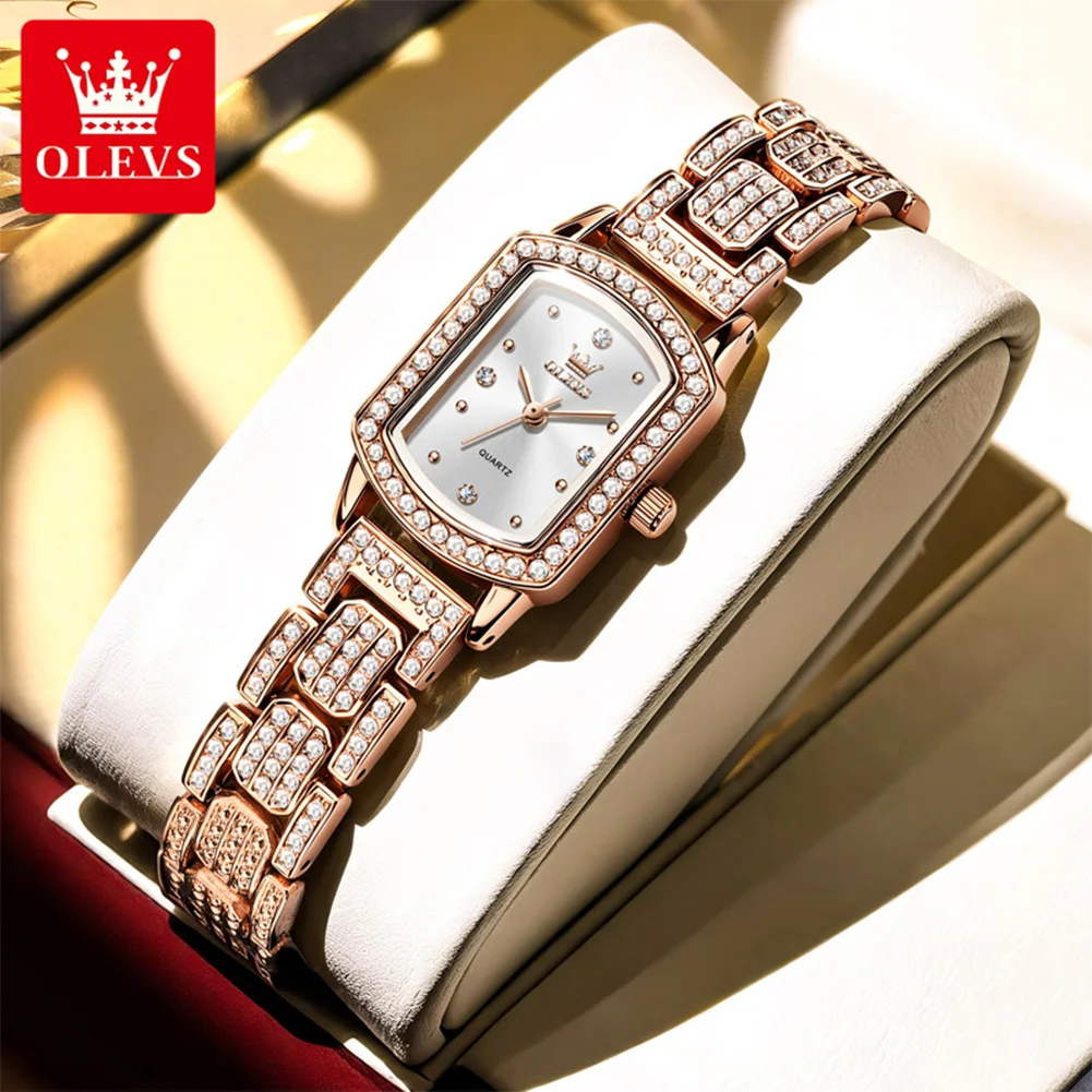 OLEVS 7142 Fashion Quartz Movement Watch For Women Square Diamond Dial 30m Waterproof Barrel Shape Elegance Steel Bracelet Watch