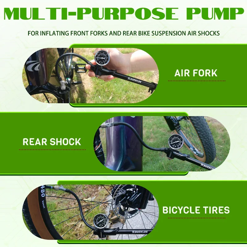 Afbeelding 3: BUCKLOS Fiets Luchtvorkpomp 400psi 300psi Fiets Hogedruk Luchtpomp Schrader Ventiel MTB Barometer Draaibare Slang Inflator