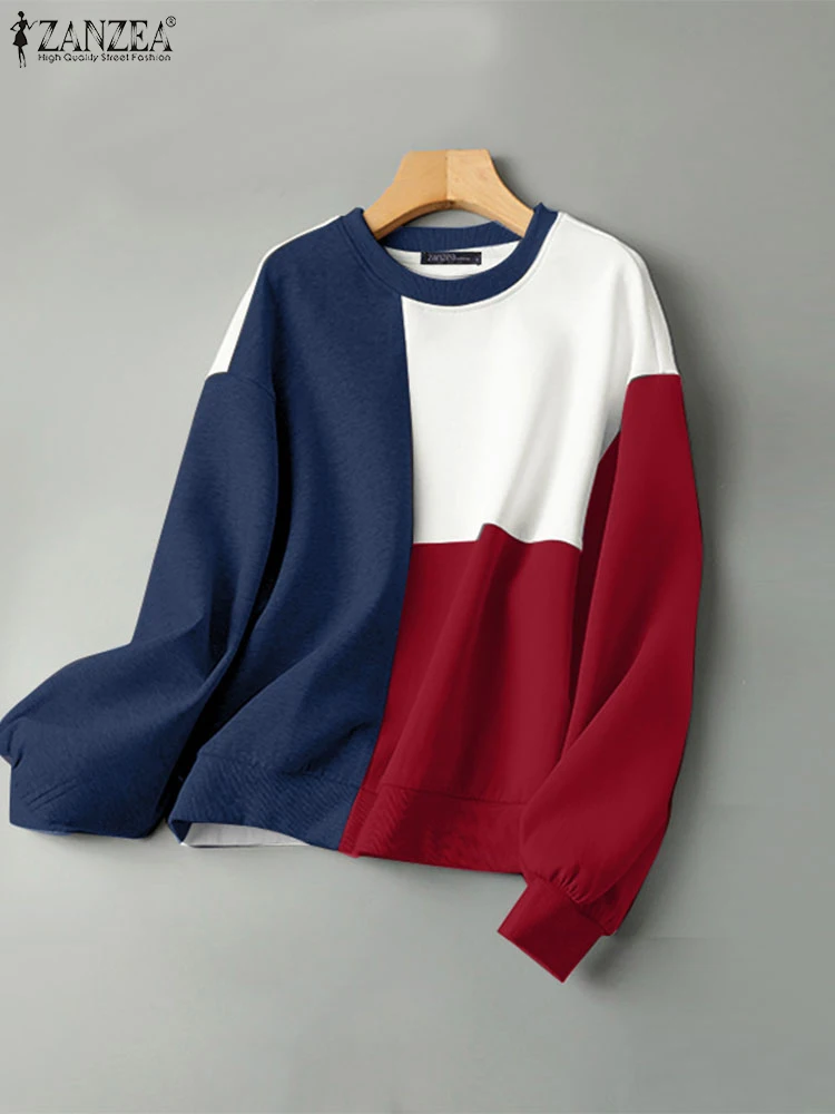 

ZANZEA Color Block O Neck Sweatshirts Loose Casual Women Long Sleeve 2024 Fall Pullover Tops Korean Style Drop-shoulder Hoodies