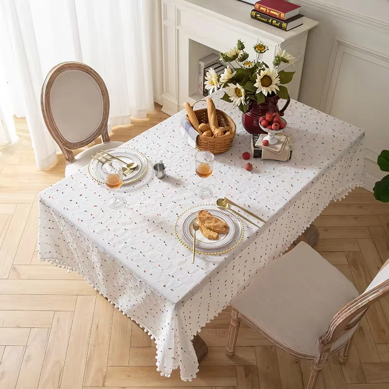 1pc Colorful Candy Bean Lace Tablecloth, Pom-pom Fringe, Dustproof, Holiday Decor Pastoral Elegance French Retro Cover for Table