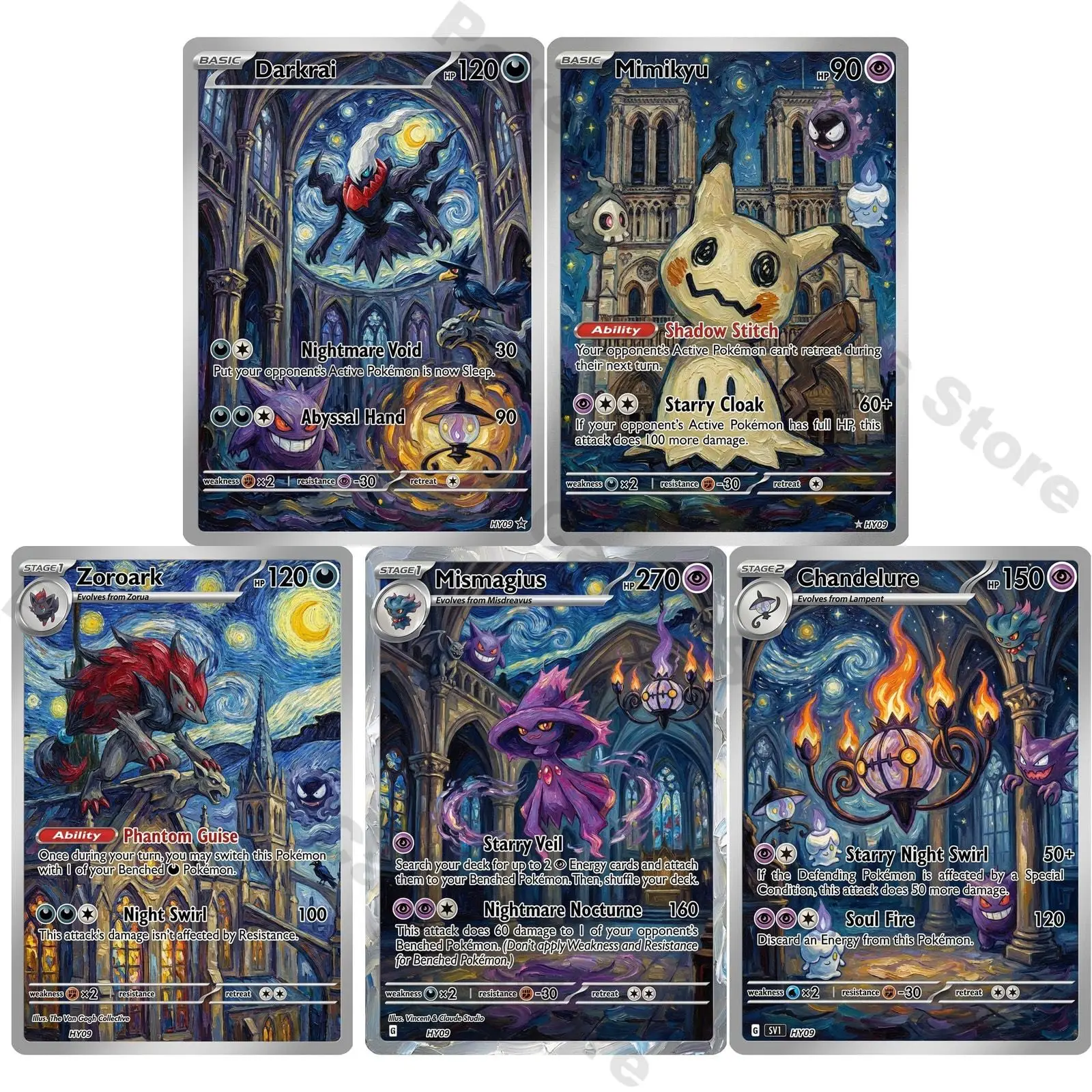 PTCG Cards PTCG Oil Painting Style Darkrai Mimikyu Zoroark Mismagius Chandelure Collection Cards Rare Cards Set PTCG Gift