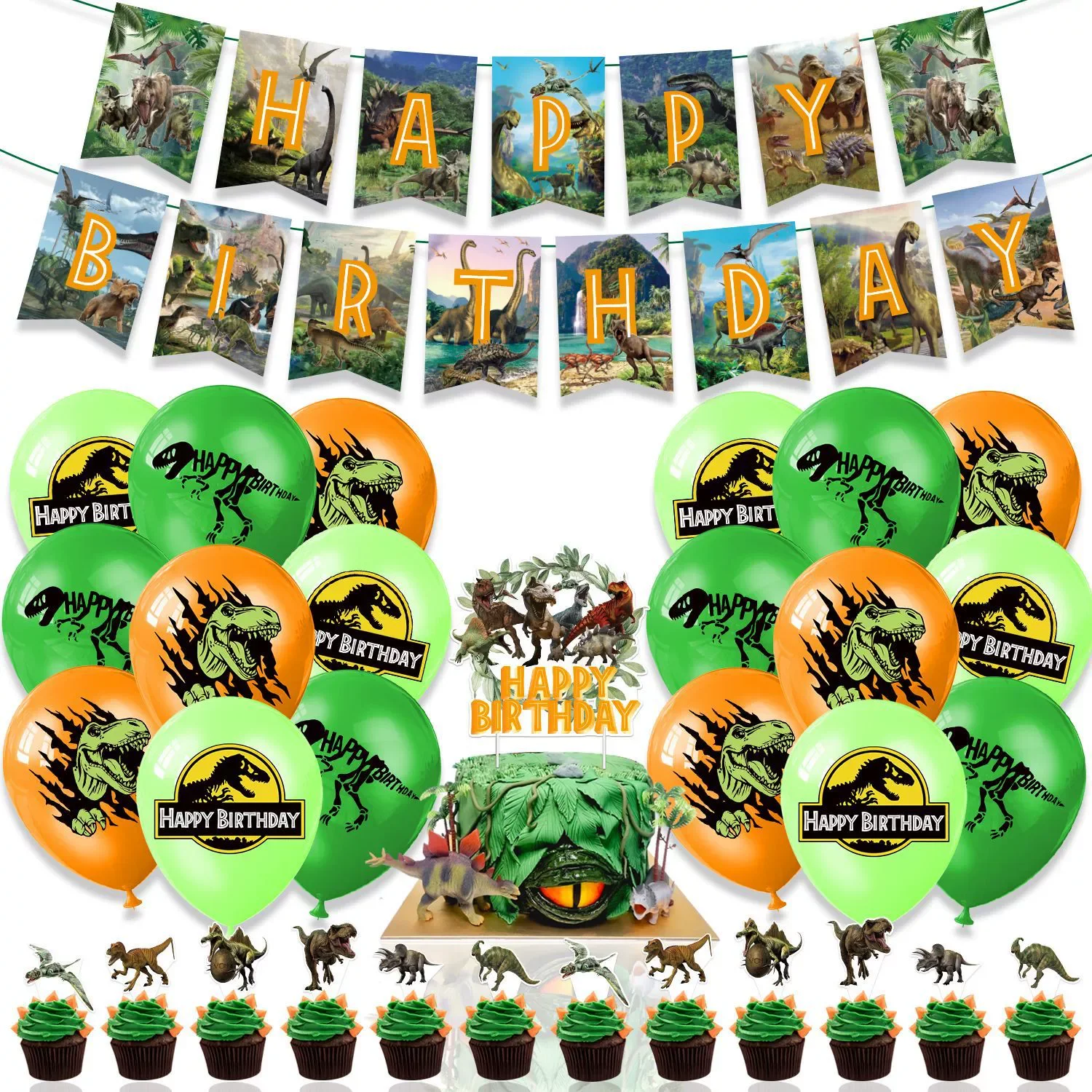 

Cartoon Dinosaur Theme Backdrop Cartoon Green Latex Balloons Boy Birthday Party Decorations Cake Topper Supplies Kid Toys Gift