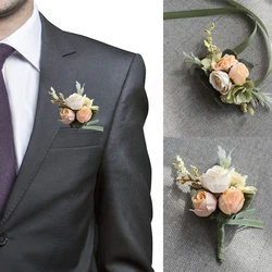 Raso di seta artificiale fiori a mano uomini spilla spilla vestito rosa corpetto sposa damigella d'onore braccialetto matrimonio polso fiore partito Decor