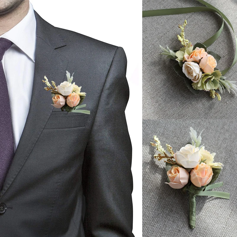 Artificial Silk Satin Hand Flowers Men Brooch Pin Suit Rose Corsage Bride Bridesmaid Bracelet Wedding Wrist Flower Party Decor