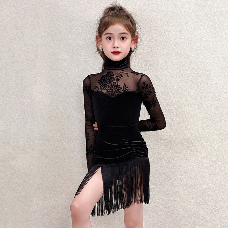 

Kids Latin Dance Clothes Girls Black Velvet Fringe Dress Long Sleeves Competition Clothing Cha Cha Dance Performance Costumes
