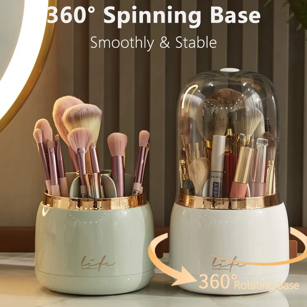 Makeup Brush Holder Organizer with Lid, Rotating Dustproof Make Up Brushes Storage Box for Vanity Desktop Bathroom Countertop