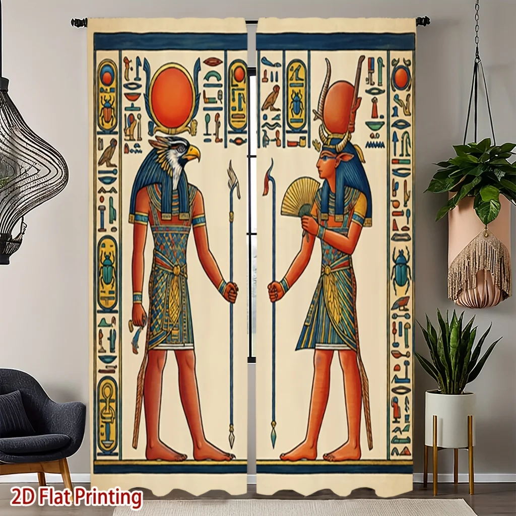 Ancient Egyptian God Curtains, Pharaoh Hieroglyph Print Window Drapes, Retro Home Decor, Blackout Fabric for Living Room Bedroom