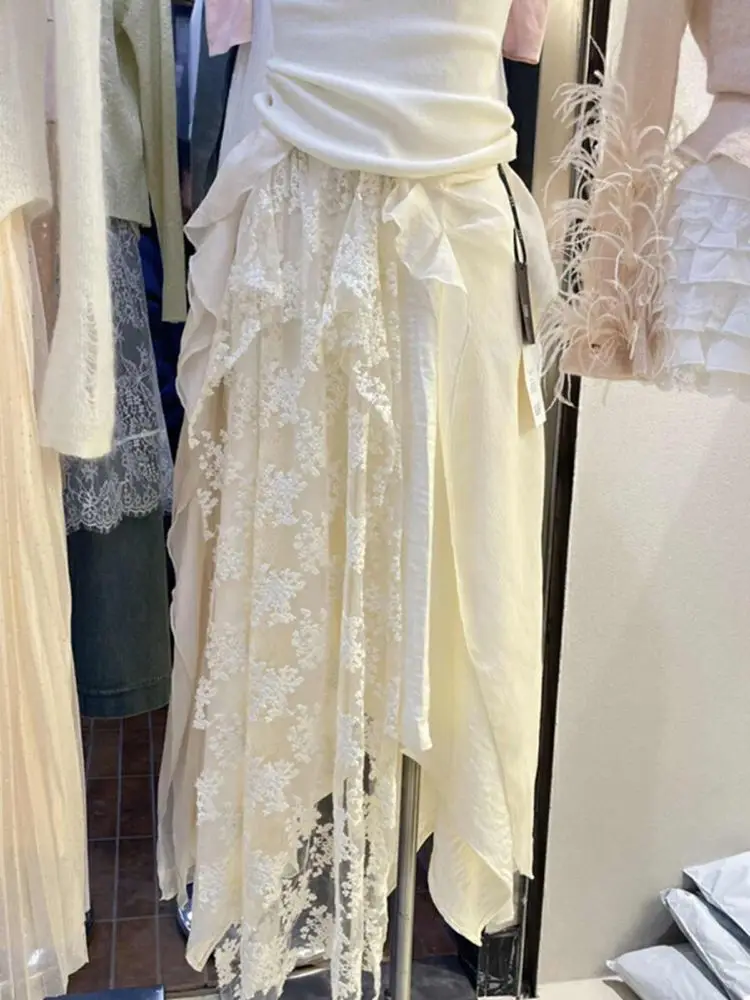

Women Skirt Niche Design Irregular Ruffle Lace Splicing High Waisted Large Swing Midi Skirts Fairy Fashion Faldas 2025