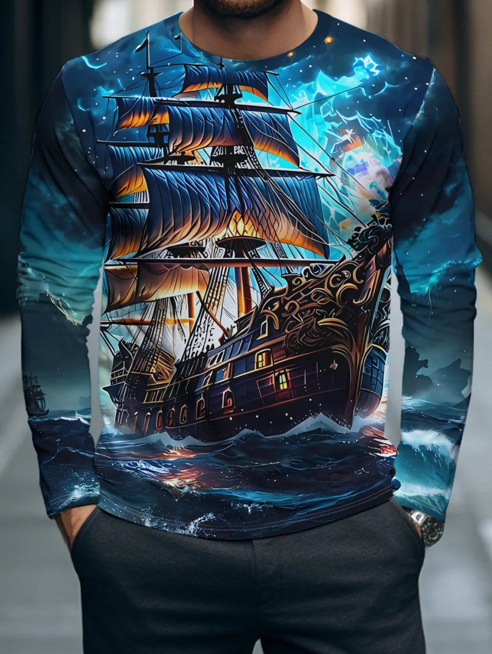 Men's Long Sleeve T-Shirts Sailing Compass Pattern Casual Sports Outdoor T-Shirt Fitness Top Vintage Classic Long Sleeve Clothes