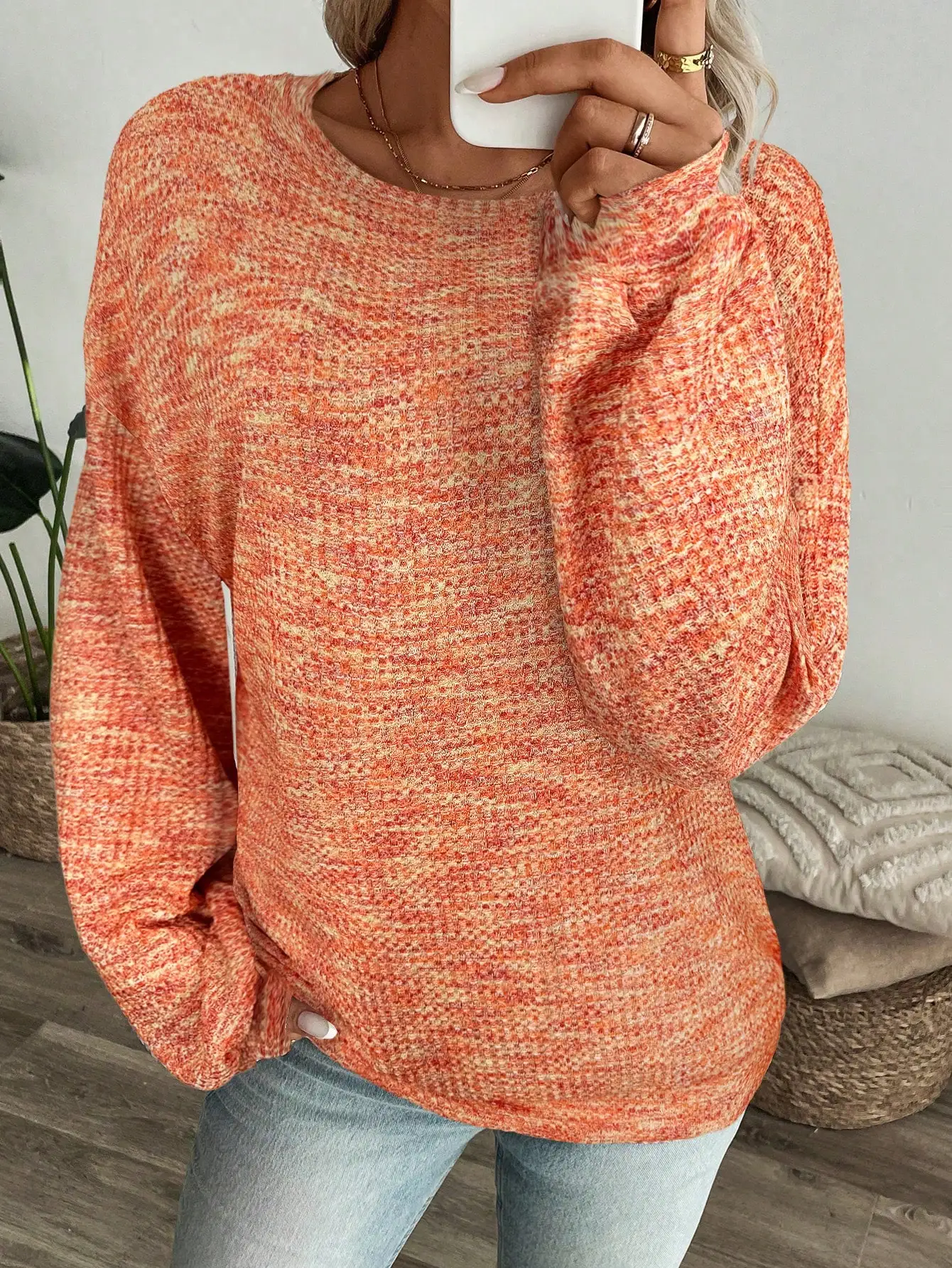 LUNE Women's Loose Drop Shoulder Textured Orange Long Sleeve Sweatshirt, Autumn Casual Knit Top