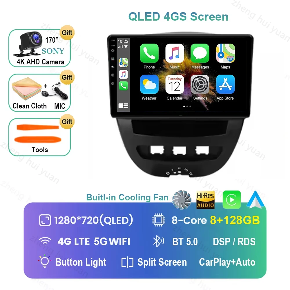 Voor Peugeot 107 Toyota Aygo Citroen C1 2005-2014 Android 16 Carplay & Auto Autoradio Navigatie Multimedia Stereo Speler BT QLED