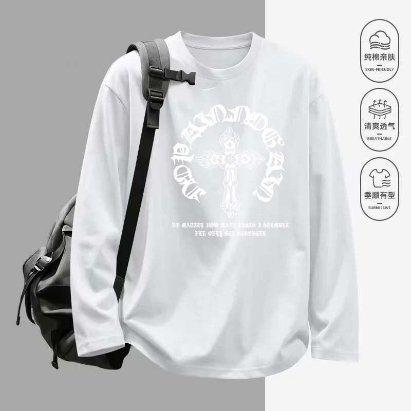 Herren Gothic Kreuzmuster Bedrucktes Langarm-T-Shirt aus 100% Baumwolle (230g) mit Rundhalsausschnitt, Lässiger Streetwear-Hoodie – Detail 5