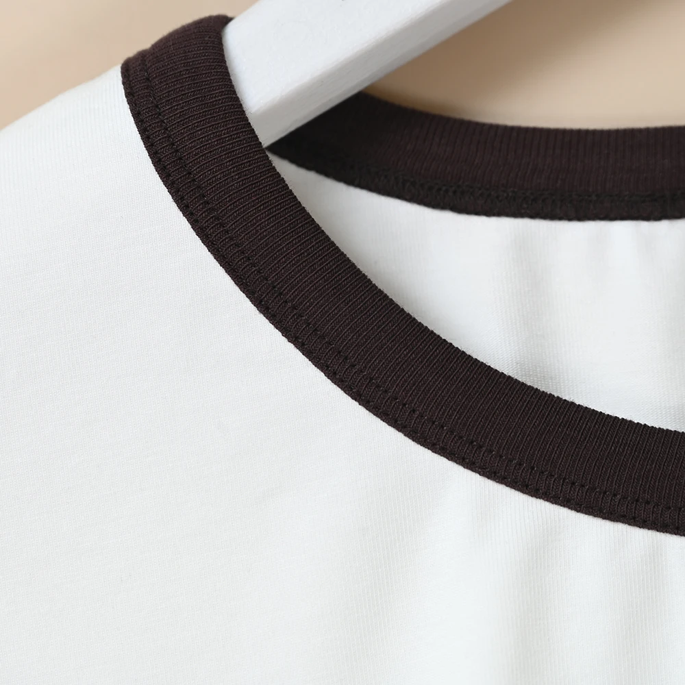 Nordic Style Women's Slim Fit Short Sleeve T-Shirt round Neck Elastic Casual Cotton Top Summer New Arrival Color Block Design