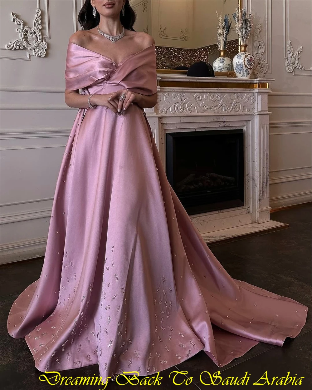 Customized Classic Pink Satin Evening Dress Formal V-Neck Off the Shoulder Party Dress Graceful A-Line Court Train Prom Dresses