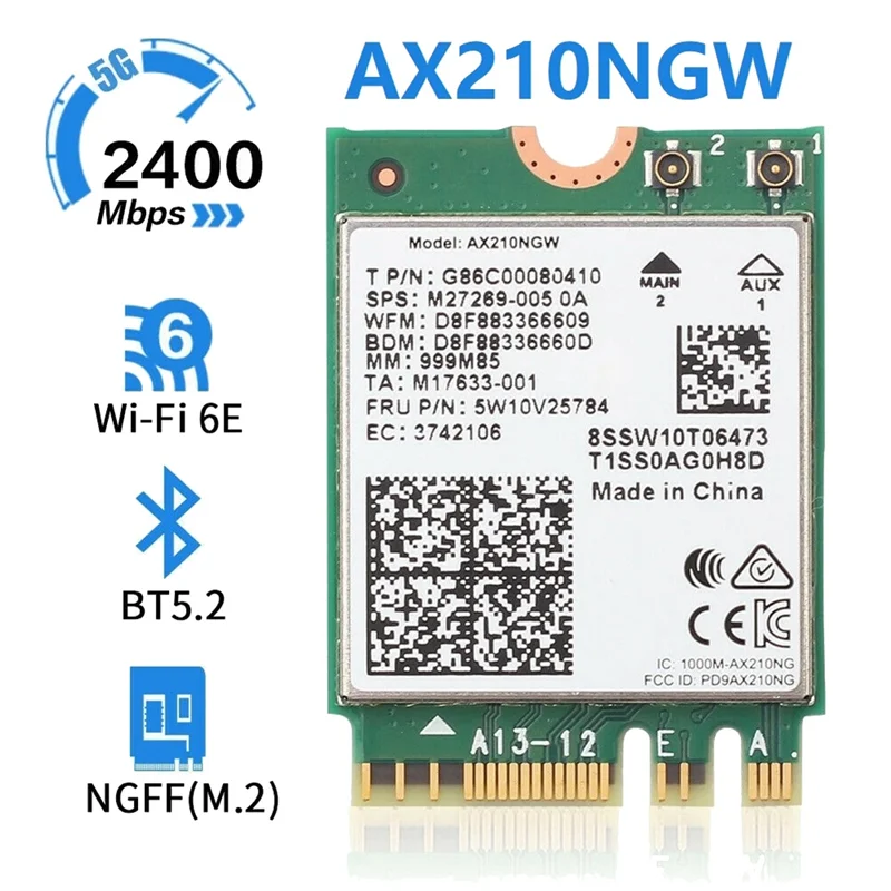 Carte réseau Bluetooth 2.4, adaptateur WiFi, stérilisation de la carte WiFi, 11Ax, 2400 mesurz, 5G, WAP, FI, 6E, 5.2 Mbps, M.2 NGFF, AX210, AX210NGW