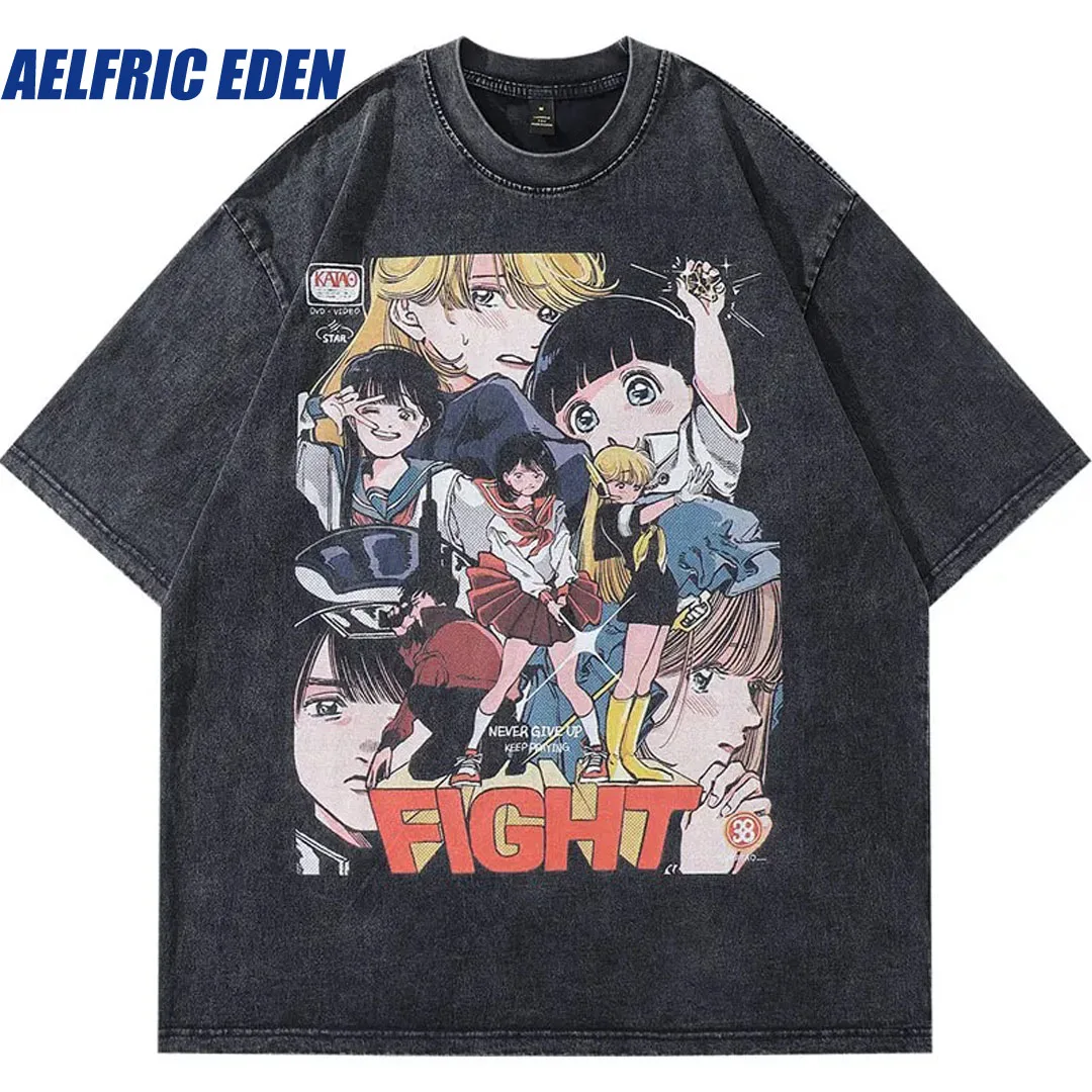 Aelfric Eden Hip Hop Oversized T-Shirt Vintage Japanese Cartoon Comics Girl Graphic Print Washed Tshirt Harajuku Loose Top Tee