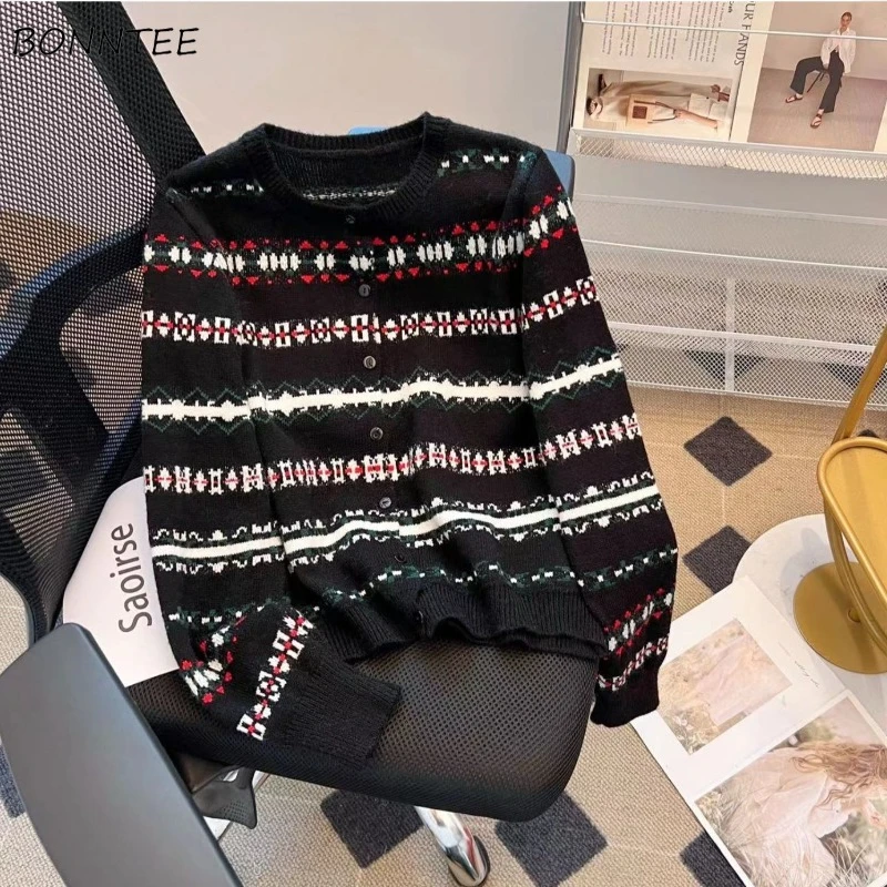 

Cardigan Women Single-breasted Fashionable Panelled Striped Korean Fashion Knitted All-match Daily Gentle Soft Outwear Autumn