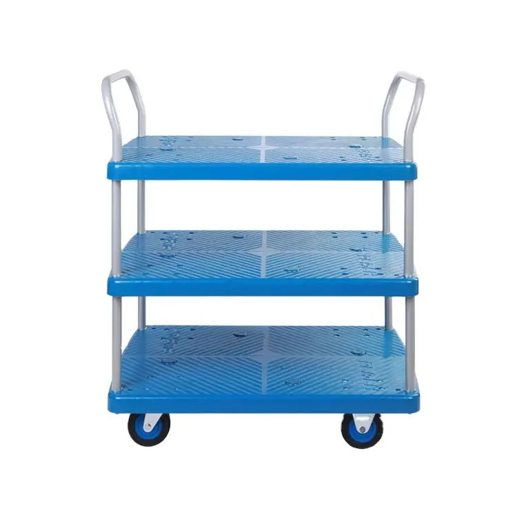 

Uni-Silent 150kgs Double Handle Plastic Hand Pull Cart 3 Layers Move Warehouse Tool Platform Hand Trolley US150P-T3-D