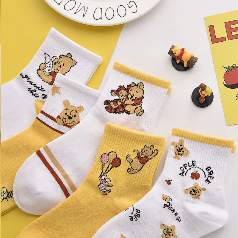 Disney Yellow Winnie The Pooh Cute Cartoon Socks Korean Version Harajuku Style Mid Tube Socks Sweet Y2k Girl Kawaii Cotton Socks