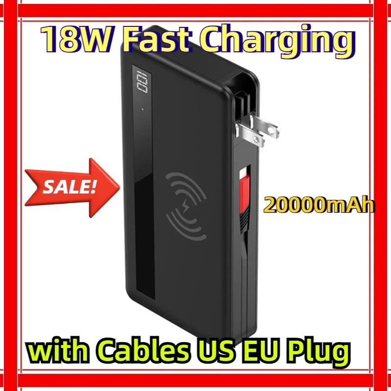 Voor Iphone Huawei Samsung 20000mah Qi Wireles Power Bank Met Pd 18W Snel Opladen Powerbank Muur Oplader Met Kabels Us Eu Plug